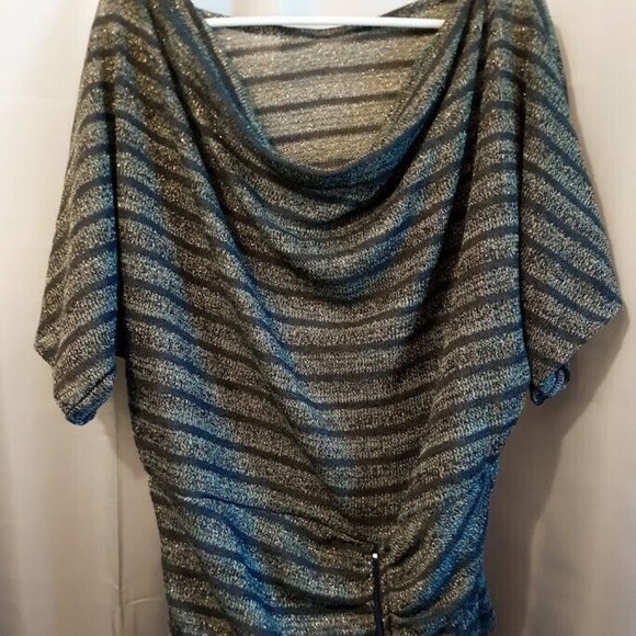 New Metallic Sheer Crochet Draped top L Blue Gold Green stripe Zippered waistban - Picture 2 of 10
